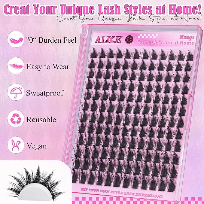ALICE Manga Lash Clusters Wispy Cluster Eyelash Extensions with Spikes Anime Natural Eyelash Clusters Individual Lashes DIY at Home (144pcs/10-18mm/CD- Curly)