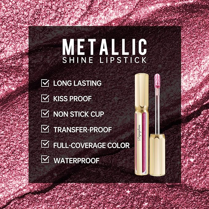 Depuplum Burgundy Lipsticks for Women Metallic Lipstick Long Lasting Non Stick Cup Lip Gloss, Shimmer Lightweight Hydrating Full Coverage Lip Color, DP107 Wild Girl
