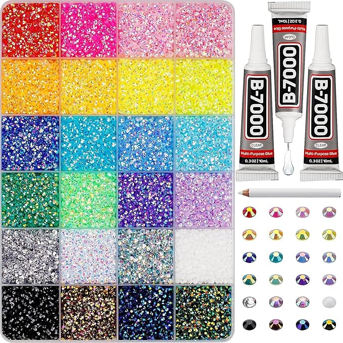Colorful DIY Resin Rhinestone Kit for Bedazzling, Resin Jelly Rhinestones for Bedazzling, Multicolor 3mm Flatback Gems for Diamond Art 3Pcs B7000 Jewelry Glue for Bedazzled Nail Art （24000）