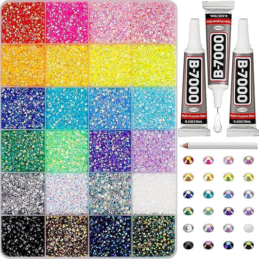 Colorful DIY Resin Rhinestone Kit for Bedazzling, Resin Jelly Rhinestones for Bedazzling, Multicolor 3mm Flatback Gems for Diamond Art 3Pcs B7000 Jewelry Glue for Bedazzled Nail Art （24000）