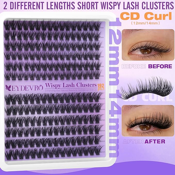 EYDEVRO Wispy Lash Clusters Natural Eyelash Clusters 12-14mm Cluster Eyelash Extensions CD Curl 192 Pcs Manga Cluster Lashes Short Individual Lashes DIY Lash Extensions Soft Thin Band