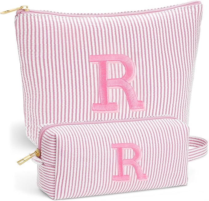 Initial Makeup Bag Set for Women - Personalized Travel Pouch, Portable Cosmetic Bag Make up Kit Pouch | Travel Essentials Cute Makeup Bag Birthday Gifts for Women, Light Pink Letter R