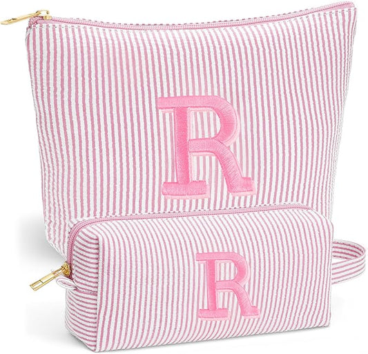 Initial Makeup Bag Set for Women - Personalized Travel Pouch, Portable Cosmetic Bag Make up Kit Pouch | Travel Essentials Cute Makeup Bag Birthday Gifts for Women, Light Pink Letter R