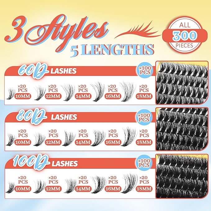 Fyonas Fluffy Lash Clusters Kit 60D+80D+100D Volume Cluster Eyelash Extensions 300Pcs D Curl Thick Eyelash Clusters DIY Individual Lashes Kit 10-18mm Wispy Cluster Eyelashes (Velvet Cloud Kit)