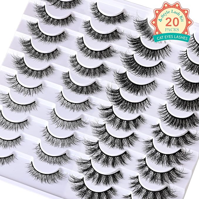 Lashes False Eyelashes Cat Eye Lash Strips 4 Styles Wispy Natural Eyelash Pack 20 Pairs Full Fake Strip Lash Natural Look Fluffy Cateye Mink EyeLash Set Short Demi Wispies Pestañas
