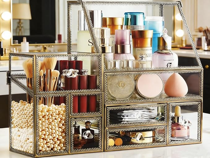 Hersoo Glass Antique Brass Stackable Drawer Set Makeup Organizer for Vanity Antique Countertop Vanity Cosmetic Storage Box Mirror Glass Beauty Display