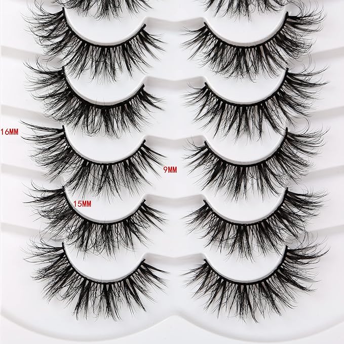 Pooplunch False Eyelashes Wispy Mink Lashes Cat Eye Natural Crossed Cluster Look 8D Volume Fake Eyelash Strips Faux Mink Lashes 7 Pairs Pack
