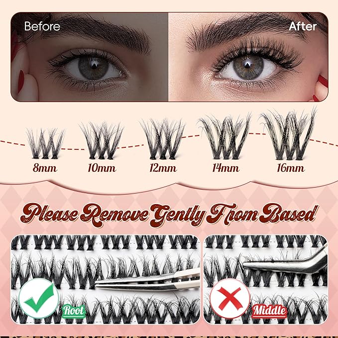 VYRILA Lash Clusters 0.05mm PBT Fiber Eyelash Clusters, 0.1mm Superfine Invisiband D Curl Diy Lash Extension, 72pcs 8-16mm Individual Lashes Clusters Like Eyelash Extensions (Exotic-D-8-16Mix)