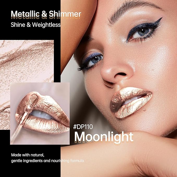 Depuplum Silver Lipsticks for Women Metallic Lipstick Long Lasting Non Stick Cup Lip Gloss, Shimmer Lightweight Hydrating Full Coverage Lip Color, DP110 Moonlight