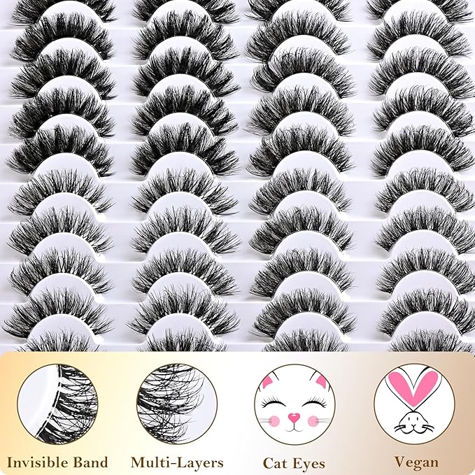 Lashes False Eyelashes Cat Eye Lash Strips 4 Styles Wispy Natural Eyelash Pack 20 Pairs Clear Band Fake Strip Lash Natural Look Fluffy Cateye Mink EyeLash Set Short Demi Wispies Pestañas