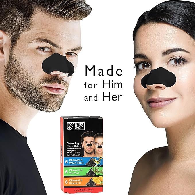 Global Beauty Care 18 Nose Cleansing Strips VARIETY PACK Charcoal with Tea Tree, Witch Hazel, & Vitamin C For Blackheads Removal Strips - 18 Ct