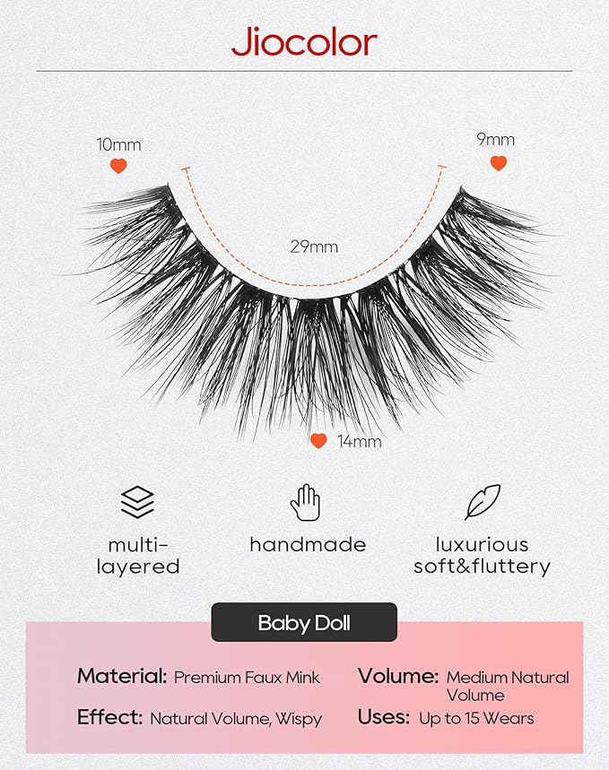 Jiocolor Natural Looking Short False Eyelashes Wispy Lashes Natural Look 14mm 3D Faux Mink Lashes 7 Pairs Fluffy Fake Eyelashes Pack 14MM