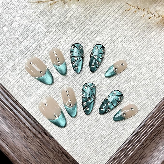 MAGLFELL Women Press On Nails - Blue Almond False Nails 10Pcs Luxury Handmade 3D Painting Art ABS Acrylic Artificial Fingernails (Size S)
