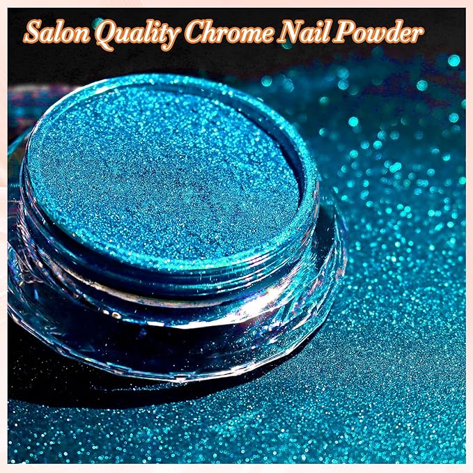 FNNZ Chrome Nail Powder, Metallic Lake Blue Nail Powder Pigment Premium Mirror Effect Salon Nail Art Glitter Dust for Gel Polish Decoration Home DIY Nail Manicure Supplies