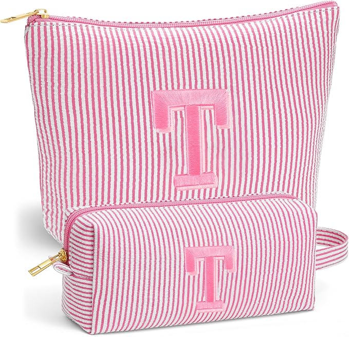 Initial Makeup Bag for Women - Travel Pouch, Portable Personalized Cosmetic Bag Make up Kit Pouch | Travel Essentials Cute Makeup Bag Birthday Gifts for Women, Pink Letter T