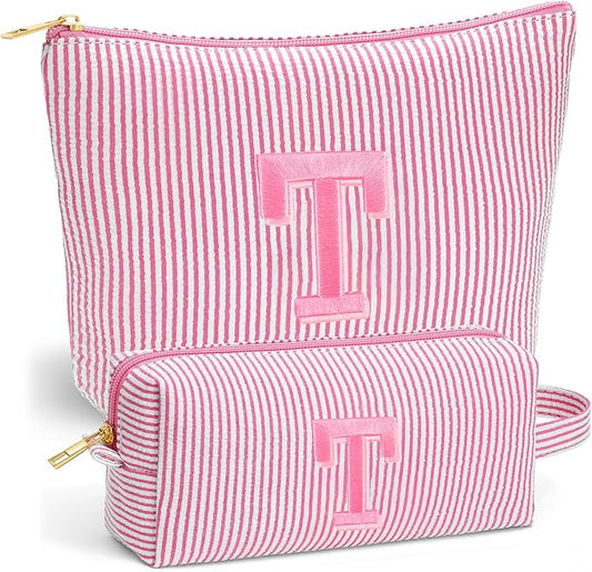 Initial Makeup Bag for Women - Travel Pouch, Portable Personalized Cosmetic Bag Make up Kit Pouch | Travel Essentials Cute Makeup Bag Birthday Gifts for Women, Pink Letter T