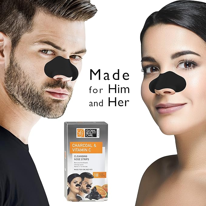 Global Beauty Care Premium 18 Nose Cleansing Strips of Activated Charcoal & Vitamin C Nose Strips For Blackheads Removal Charcoal Blackhead Remover Strips - 18 Ct