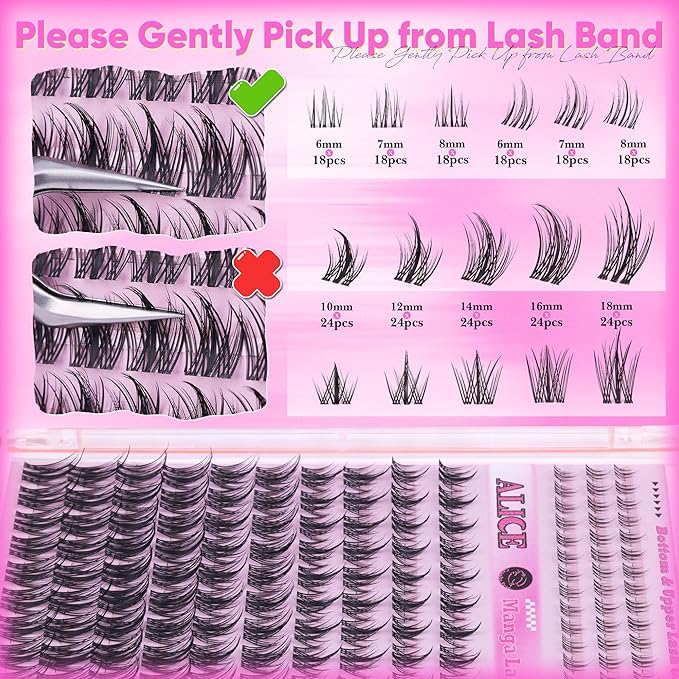 ALICE Manga Lash Clusters Clear Band with Bottom Eyelash Clusters Anime Cluster Eyelash Extensions Wispy Natural Lash Extensions Thin Band 174pcs 6-18mm Individual Lashes DIY at Home