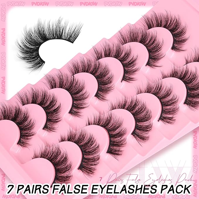 Wispy Lashes Manga False Eyelashes Natural Cat Eye Lahses Strip 8-15mm Fake Lashes Pack Wispy 3D Eyelashes with Cotton Band, 7 Pairs