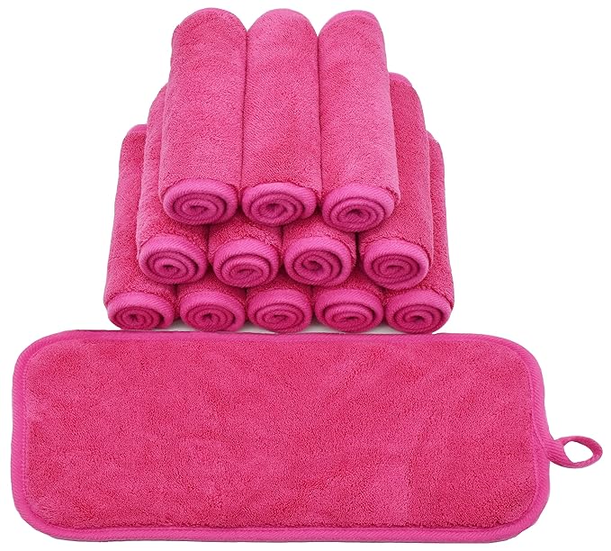 BloomSesame Makeup Remover Cloths for Face, Eye, Lips - Reusable Makeup Remover Pads Soft Microfiber Facial Cleansing Cloths 6 x 12 inch 12 Pack (Dark Pink)
