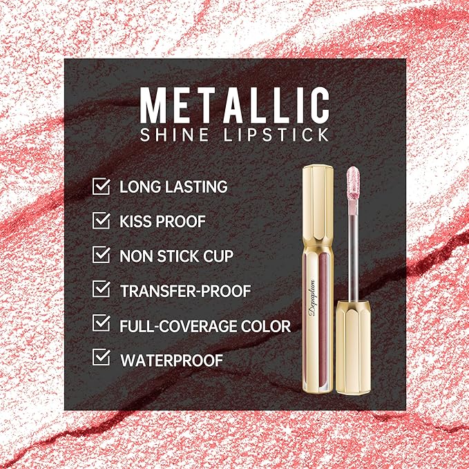 Depuplum Nude Pink Lipsticks for Women Metallic Lipstick Long Lasting Non Stick Cup Lip Gloss, Shimmer Lightweight Hydrating Full Coverage Lip Color, DP106 Prose