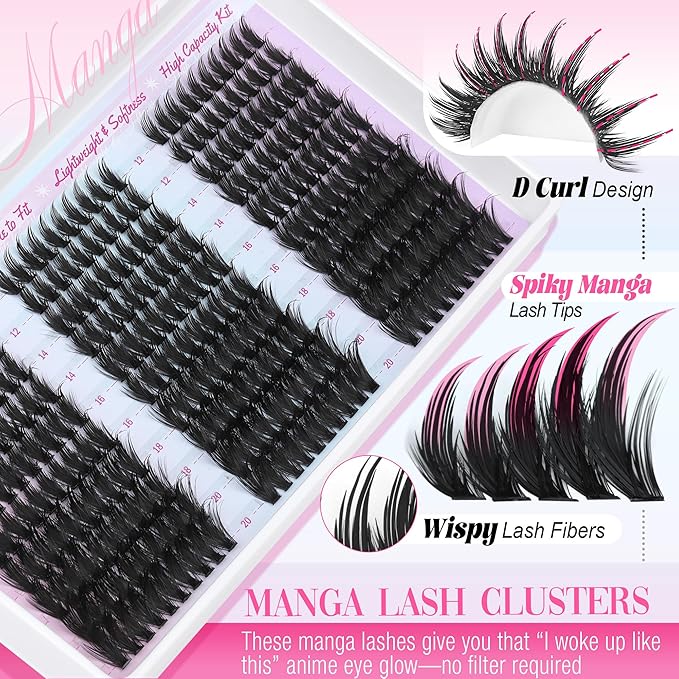 Manga Lash Clusters Kit Wispy Eyelash Clusters with Spikes 300Pcs Anime Lash Extension Kit Natural Eyelash Extension Kit 12-20mm High Capacity Lashes Clusters DIY for Beginners by Lanflower