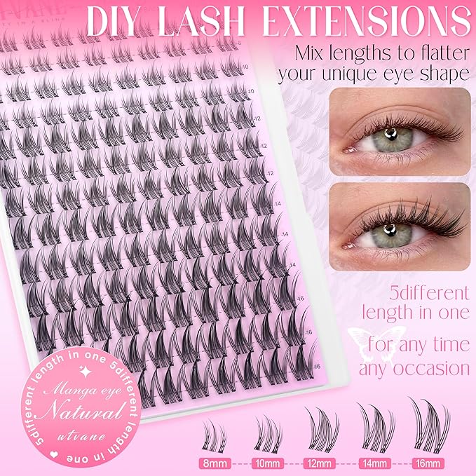 Wtvane Lash Clusters Fairy Eyelash Clusters Natural Invisible Lash Band 8-16mm Wispy Lash Clusters Eyelash Extensions C-Curly Individual Lashes False Eyelashes DIY Lash Extension Natural Manga Look
