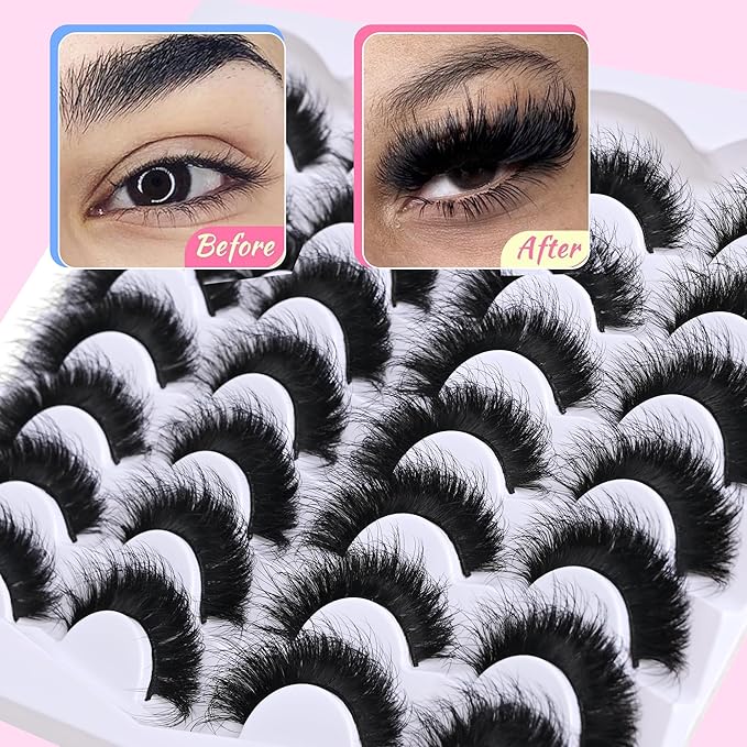 Wispy False Mink Lash Thick Long Lashes False Lashes Mega Look 5D Volume Dramatic 22mm Waterproof Soft Cat Eye Fake Eyelashes Pack by Yaiseiko（14 Pairs）