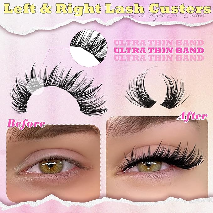 ALICE Lash Clusters Cat Eye Eyelash Clusters Cluster Eyelash Extensions Wispy Volume Lash Extensions Left & Right Thin Band 14-22mm Individual Lashes DIY at Home