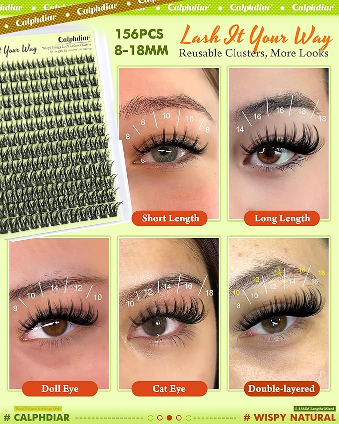 Calphdiar DIY Lash Extension Kit Thick Lash Clusters Kit Wispy Eyelash Clusters 8-18mm D Curve Eyelash Extension Kit Manga Spiky Lash Extension Individual Lashes with Lash Bond and Seal Tweezers