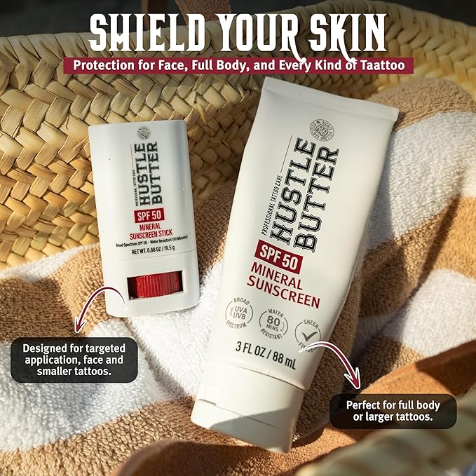 Hustle Butter Tattoo Aftercare Sunscreen Stick - Tattoo Sunscreen Stick, Fade Protection SPF 50, Hydrating with Shea Butter & Coconut Oil, TSA-Friendly, Water Resistant, Non-Greasy, 0.68 oz