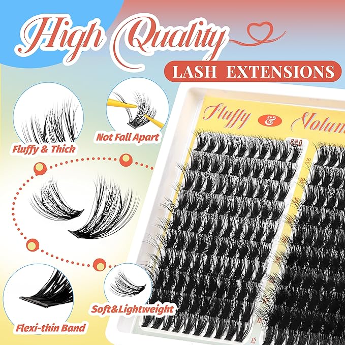 Fyonas Fluffy Lash Clusters 60D+80D+100D Volume Cluster Eyelash Extensions 300Pcs D Curl Thick Eyelash Clusters DIY Individual Lashes 10-18mm Wispy Cluster Eyelashes (Velvet Cloud)