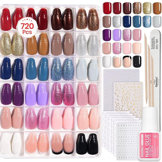 Beetles Press On Nails Kit - Bubble Pop | 720Pcs 24 Colors Short Square Press On Nails | 15 Sizes French Glossy Glitter With Nail Glue & Nail Tabs Stickers, Fake Nails Kit Art For Women