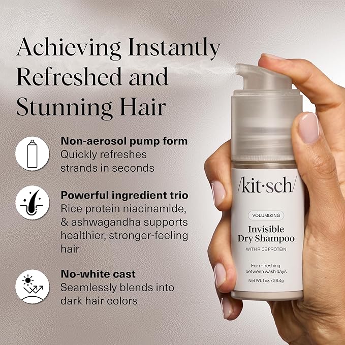 Kitsch Volumizing Rice Protein Dry Shampoo Powder - Dry Shampoo for Women & Men, No White Cast, Absorbs Oil, Non-Greasy, Light-to-medium Hair Colors, Travel Size | Ideal Gifts for Women- Invisible 1oz