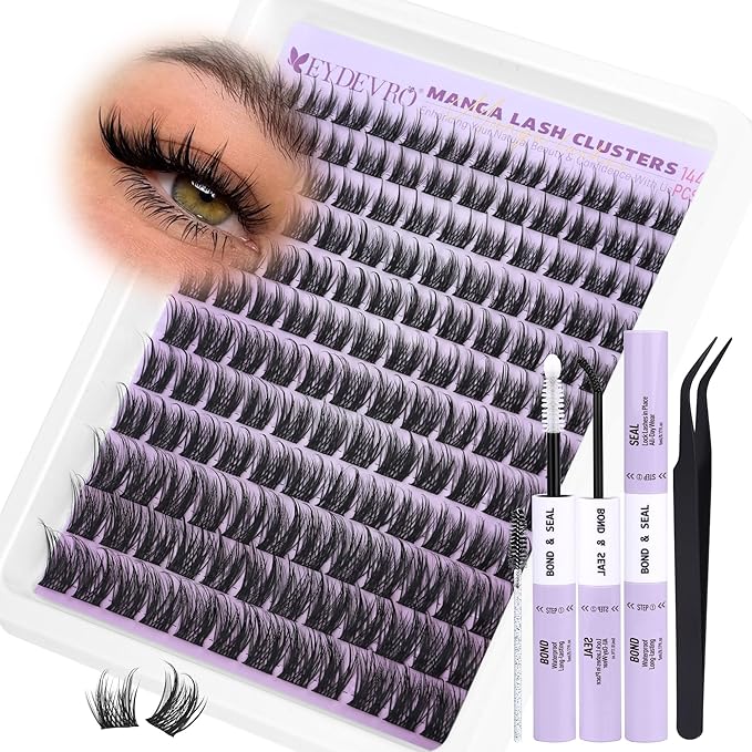EYDEVRO Manga Lash Clusters Kit Wispy Natural Cluster Eyelash Extensions 10-16mm Fairy Eyelash Clusters Kit Lash Extension Kit Soft Thin Band Individual Lashes Lash Bond and Seal Lash Tweezers Brushes