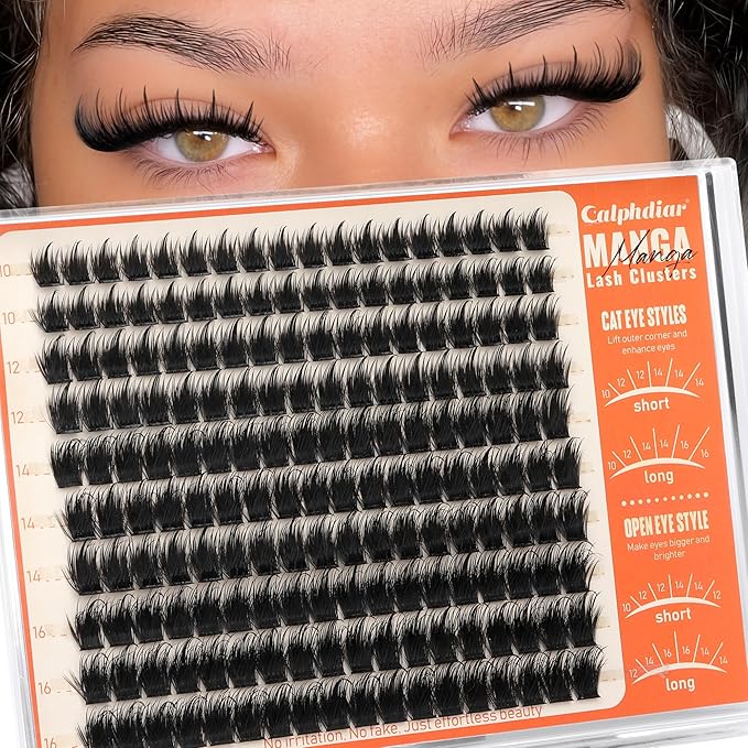 Calphdiar Manga Lash Clusters Wispy Eyelash Clusters Spiky Fluffy Volume Cluster Eyelash Extensions 10 12 14 16mm Weightless Cluster Lashes Long Lasting Individual Lashes DIY Cat Eye Open Eye Looks