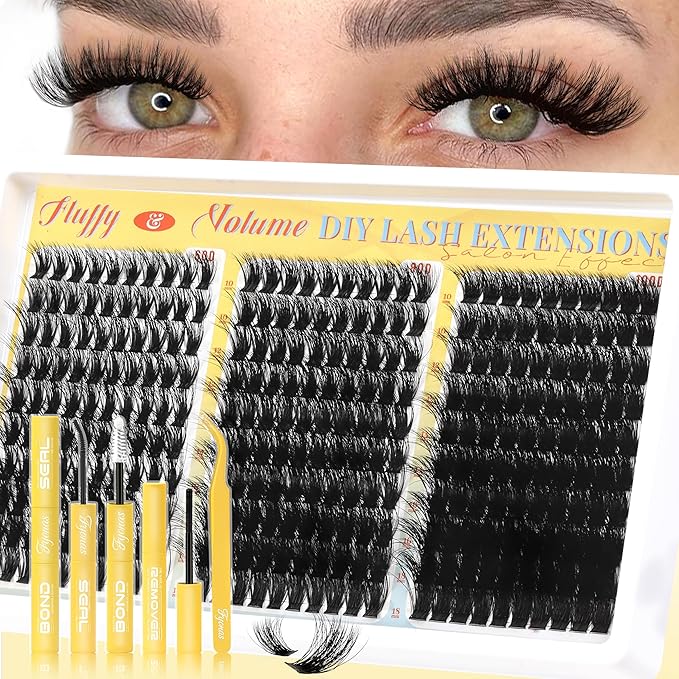 Fyonas Fluffy Lash Clusters Kit 60D+80D+100D Volume Cluster Eyelash Extensions 300Pcs D Curl Thick Eyelash Clusters DIY Individual Lashes Kit 10-18mm Wispy Cluster Eyelashes (Velvet Cloud Kit)