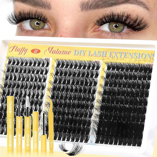 Fyonas Fluffy Lash Clusters Kit 60D+80D+100D Volume Cluster Eyelash Extensions 300Pcs D Curl Thick Eyelash Clusters DIY Individual Lashes Kit 10-18mm Wispy Cluster Eyelashes (Velvet Cloud Kit)