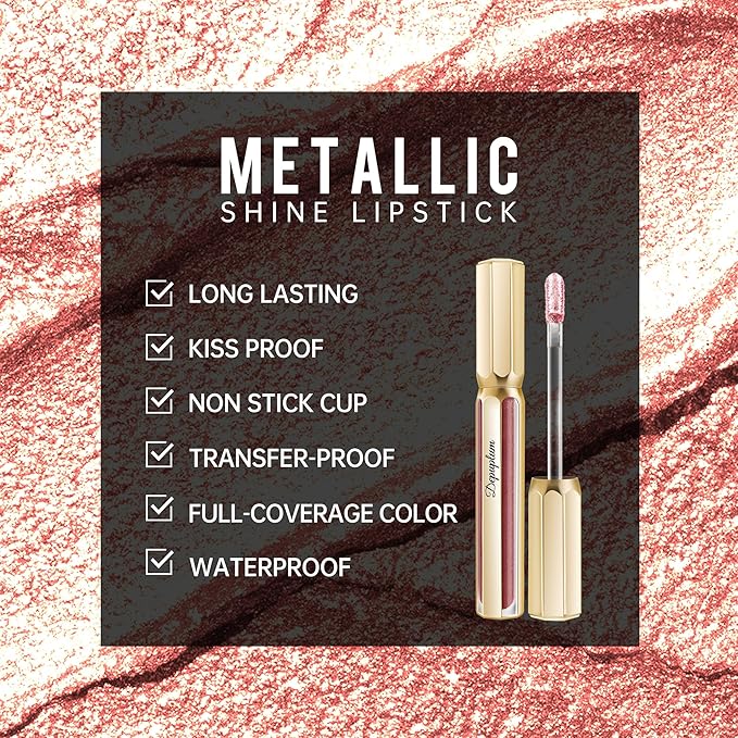 Depuplum Nude Lipsticks for Women Metallic Lipstick Long Lasting Non Stick Cup Lip Gloss, Metal Shine Lightweight Hydrating Full Coverage Lip Color, DP101 Halo