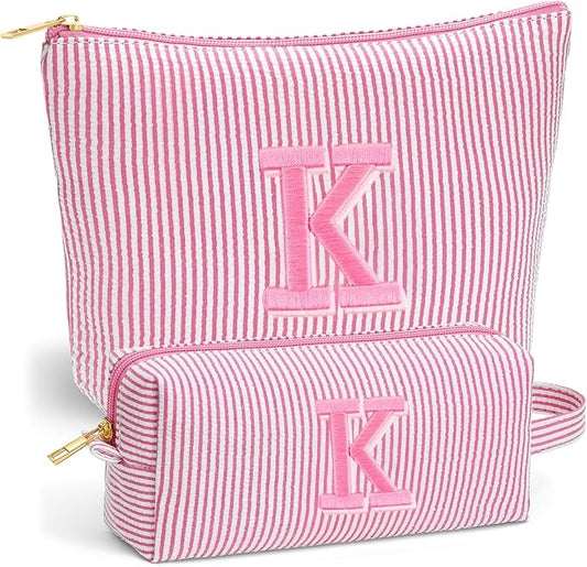 Travel Makeup Bag for Girls - Personalized Initial Pink Makeup Bag, Teen Girl Gifts Trendy Stuff, 6 7 8 9 10 11 12 Year Girl Birthday Gift, Christmas Gift for Girls Travel Essentials, Letter K