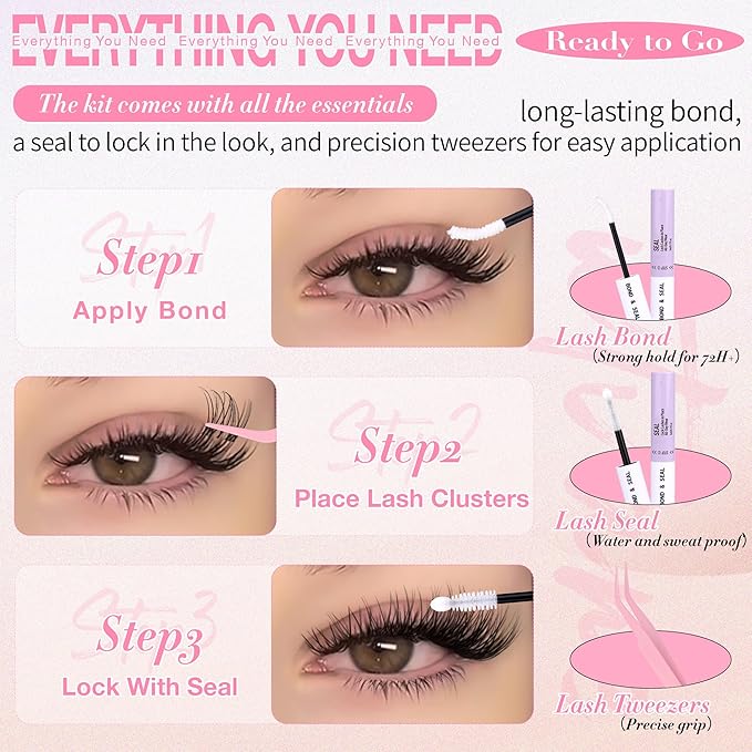 Wtvane Lash Clusters Kit Natural Cluster Eyelash Extensions Kit DIY Lash Extensions with 5-6mm Bottom Lashes 8-16mm Wispy Individual Lashes Invisible Band Lashes Venus False Eyelashes Clusters Kit