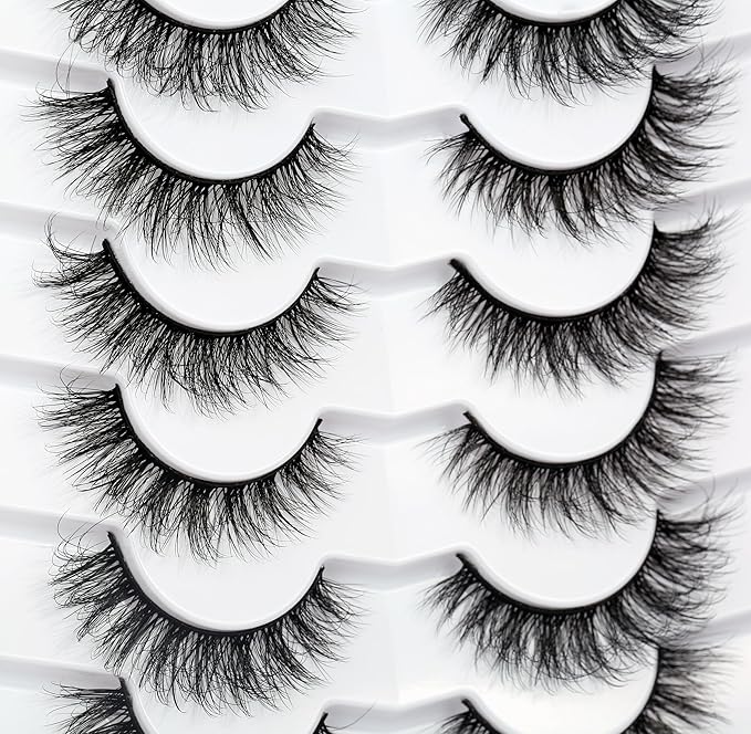 Pooplunch Natural False Eyelashes Cat Eye Look Wispy Clusters 8D Volume Fake Eyelashes Faux Mink Lashs Strips 7 Pairs Pack