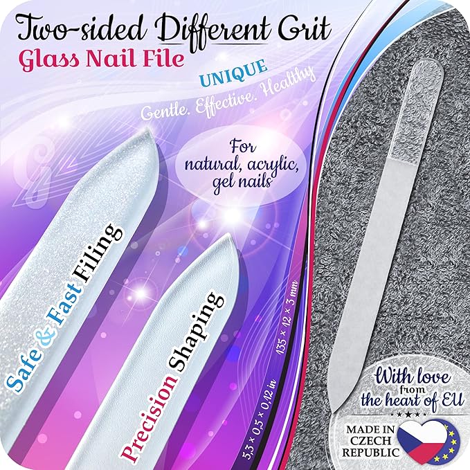 GLADZY Czech Glass Nail File Set with Glass Nail Shiner & Cuticle Pusher– 3 pcs Manicure Kit with Case, Multi-Functional Nano Buffer, Manicure Stick, Etched Crystal File for Natural Nails, Made in EU