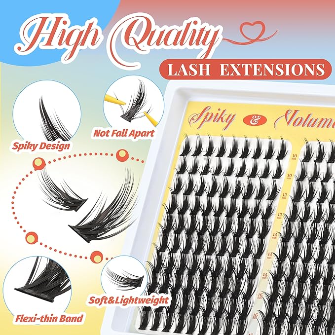 Fyonas Manga Lash Clusters Kit Spiky Anime Cluster Eyelash Extensions 270Pcs D Curl Volume Fluffy Eyelash Clusters 10-16mm DIY Fairy Wispy Individual Lashes Kit Natural Look (Crystal Spire Kit)