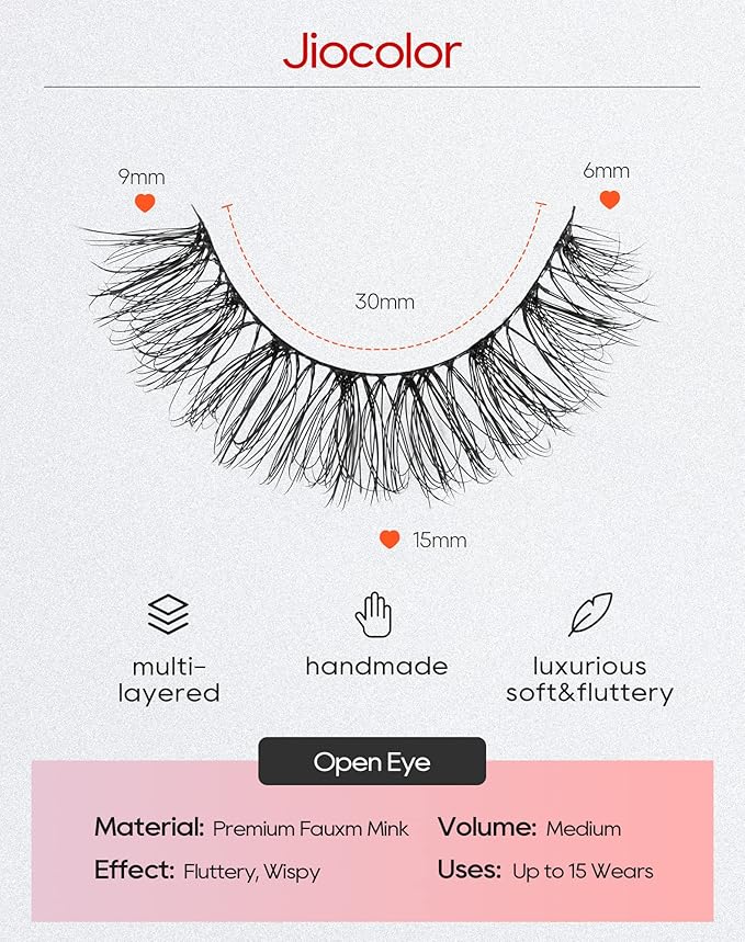 Jiocolor Natural False Eyelashes Wispy Lashes 3D Fluffy Lashes Natural Look Faux Mink Lashes Baby Curl Eyelashes Strip Fake Eyelash 7 Pairs 15MM