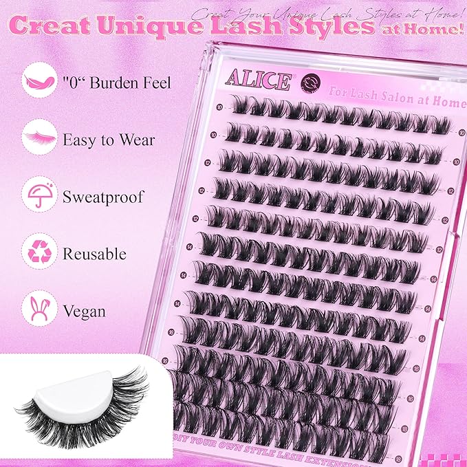 ALICE Lash Clusters Eyelash Clusters Wispy Cluster Eyelash Extensions Russian Volume Individual Lashes Natural Thin Band Lash Extensions DIY at Home (144pcs/10-18mm/D- Curly)