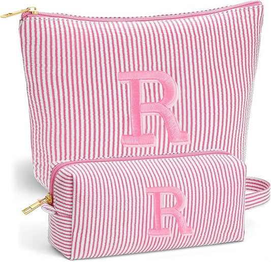 Initial Makeup Bag Set for Women - Personalized Travel Pouch, Portable Cosmetic Bag Make up Kit Pouch | Travel Essentials Cute Makeup Bag Birthday Gifts for Women, Pink Letter R