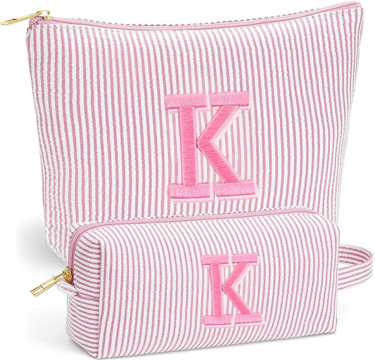 Beach Bags for Women Girl - Summer Beach Toiletry Makeup Bag, Travel Gifts for Her, Summer Personalized Makeup Pouch for Women Girls Birthday Gifts for Womens Girls - Light Pink Initial K