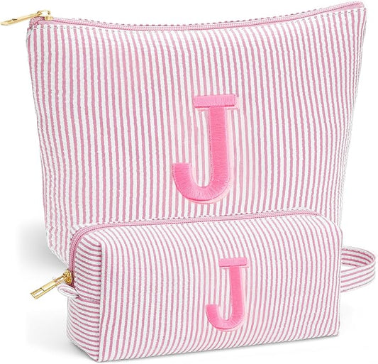 Travel Essentials - Portable Travel Toiletry Bag for Women, Initial Makeup Kit Organizer Make up Cosmetic Bag Set Light Pink Stuff Birthday Gifts for Women Daughter Mom, Light Pink Letter J
