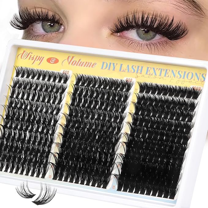 Fyonas Wispy Lash Clusters 60D+80D+100D Thick Cluster Eyelash Extensions 300Pcs D Curl Volume Eyelash Clusters DIY Individual Lashes 10-18mm Fluffy Cluster Eyelashes (Feather Weave)
